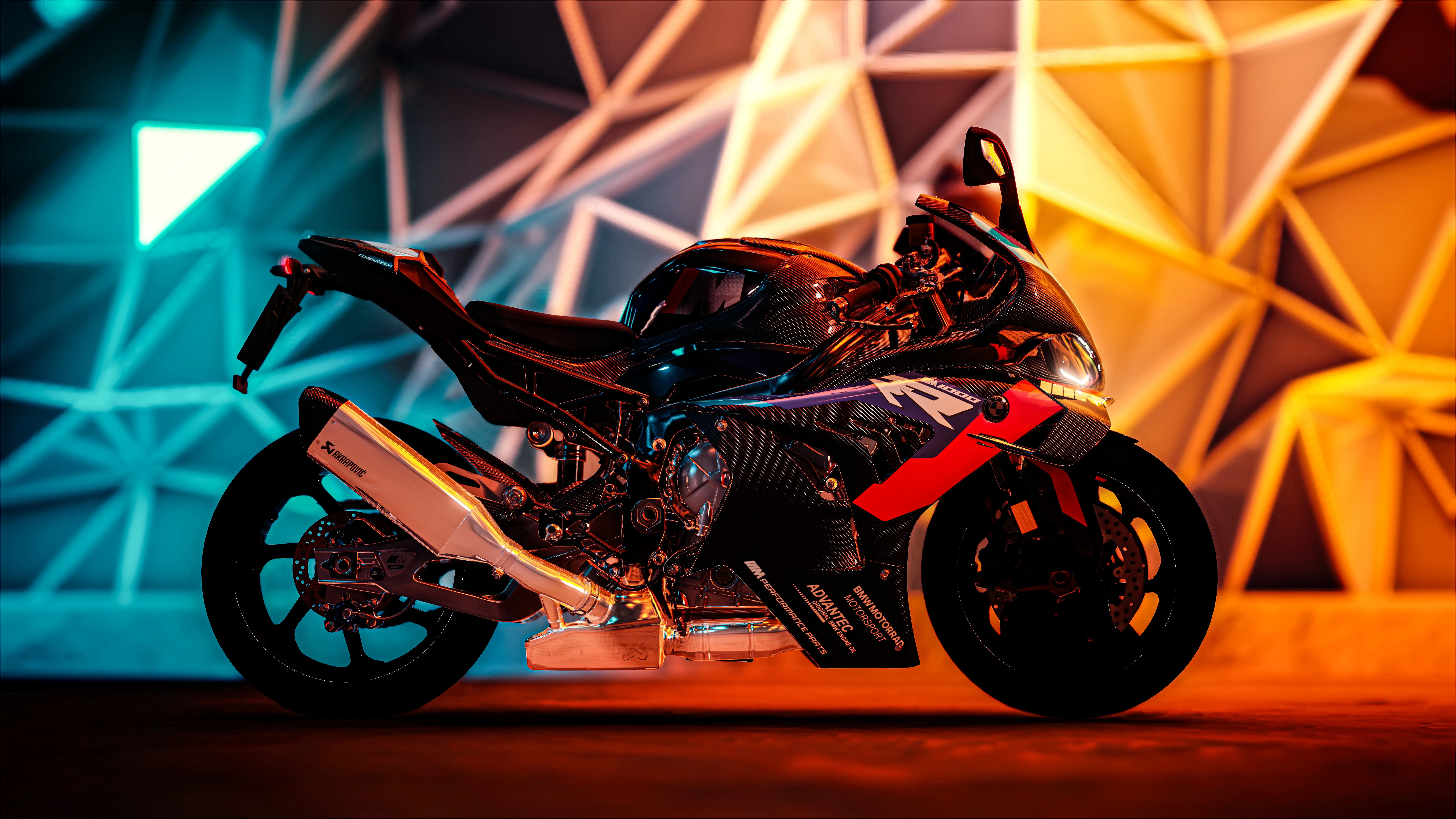 high-performance automotive garage with glowing neon orange lights and dark metallic surfaces, futuristic aesthetic